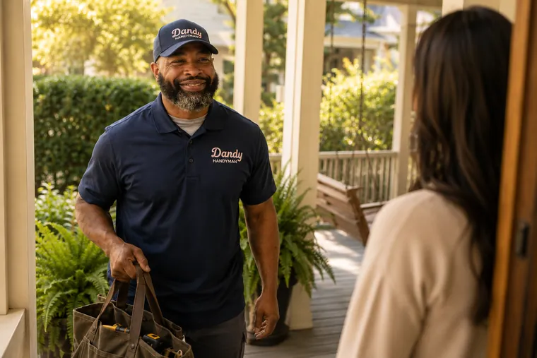 Hasani arriving on the porch, tool bag in hand