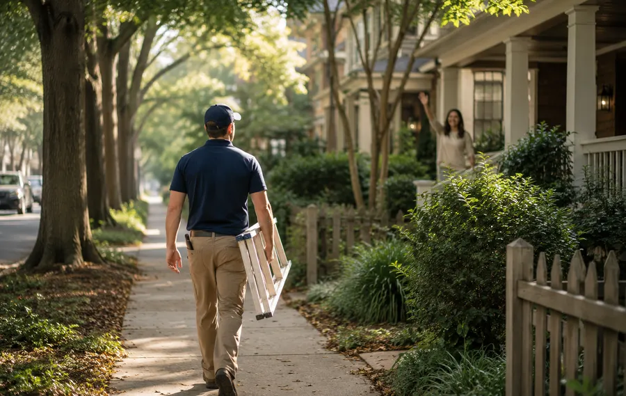 Colin walking the neighborhood with a ladder, a neighbor waving