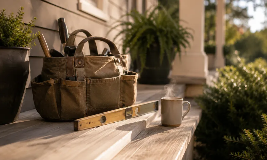 Waxed canvas tool bag and level on the porch steps