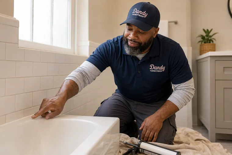 Hasani smoothing fresh caulk along the tub