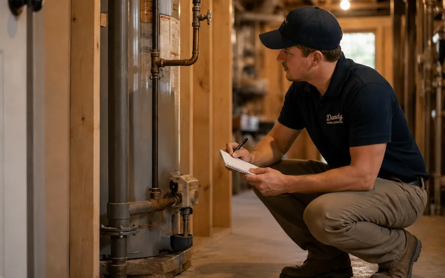Colin inspecting a water heater, taking notes
