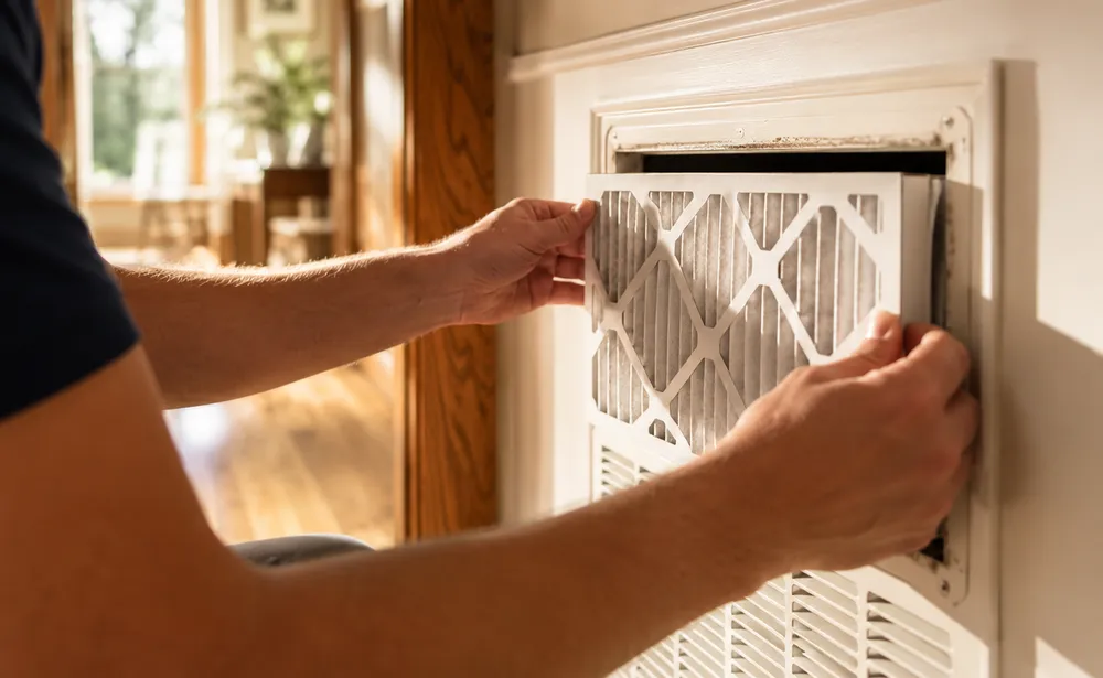 Fresh HVAC filter being installed — routine care handled automatically